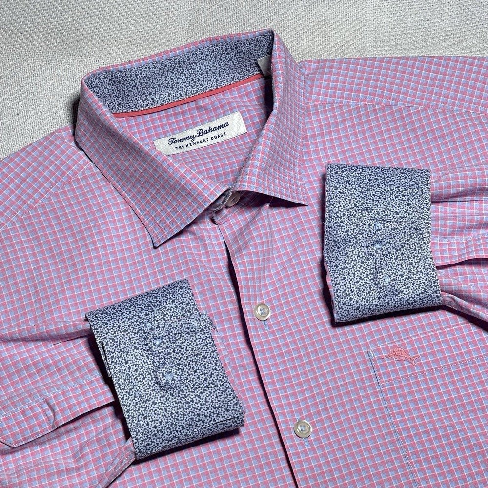 Tommy Bahama Newport Coat Button Down Shirt Mens Medium‎ Check Plaid Floral Cuff
